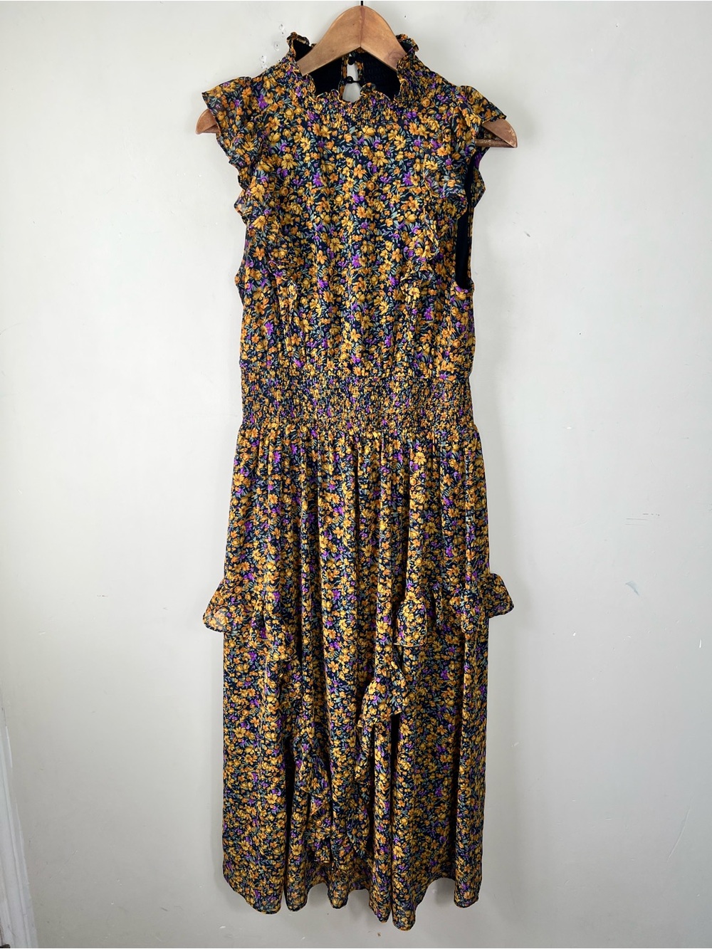 Lulus Evalina Mustard Yellow Floral Print Mock Neck Midi Dress Size Large NWOT - Picture 6 of 15